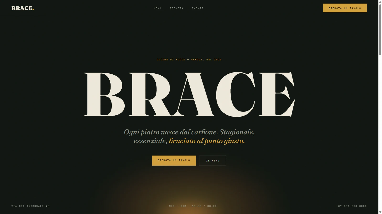Hero del concept Brace: titolo serif gigante con bagliore di brace